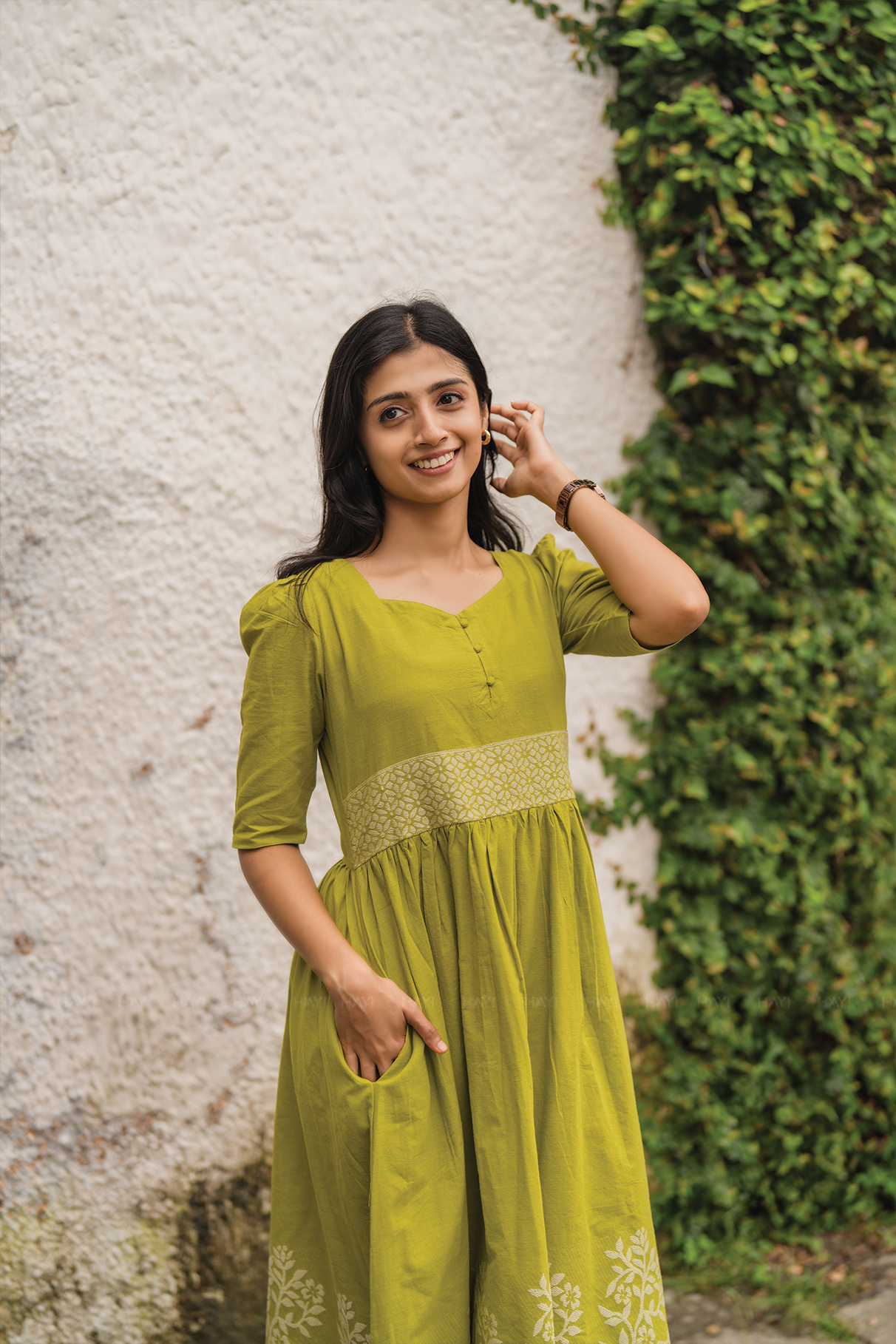 Sage Drape Green Handloom Dress with Sweetheart Neck & Leg-O-Mutton Sleeves