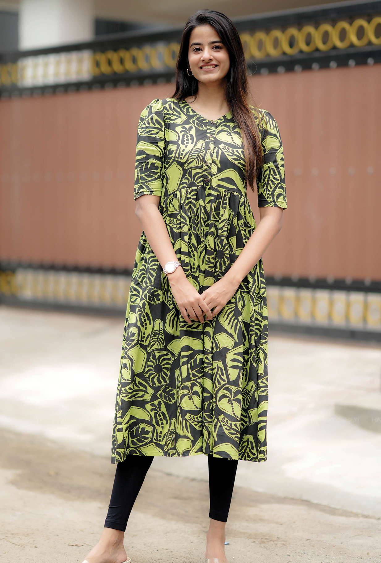 Jungle Eclipse Green Printed Viscose Maternity and Feeding dress