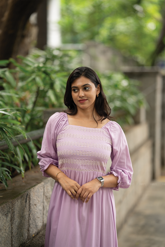 Lavender Fantasy Viscose Dress with Shoulder Elastic & Embroidery