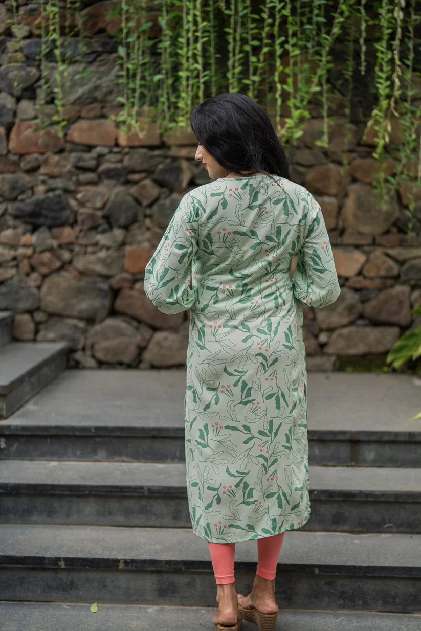 Green Leafy Leaves Viscose Printed Kurta