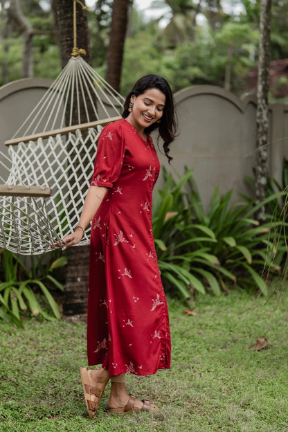 Happy Humming Red Printed Maternity wear and feeding dress