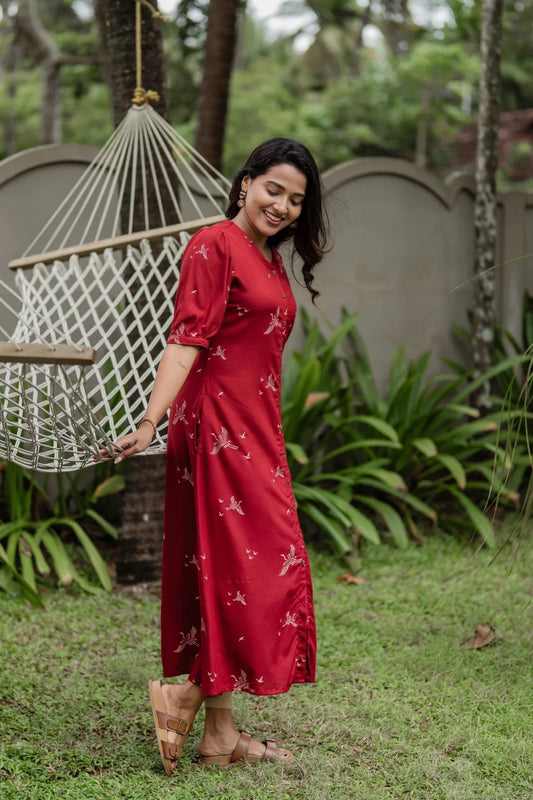 Happy Humming Red Printed Maternity wear and feeding dress