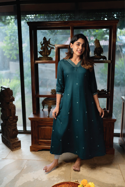 Green Scape Viscose With Lace Printed A-line Dress