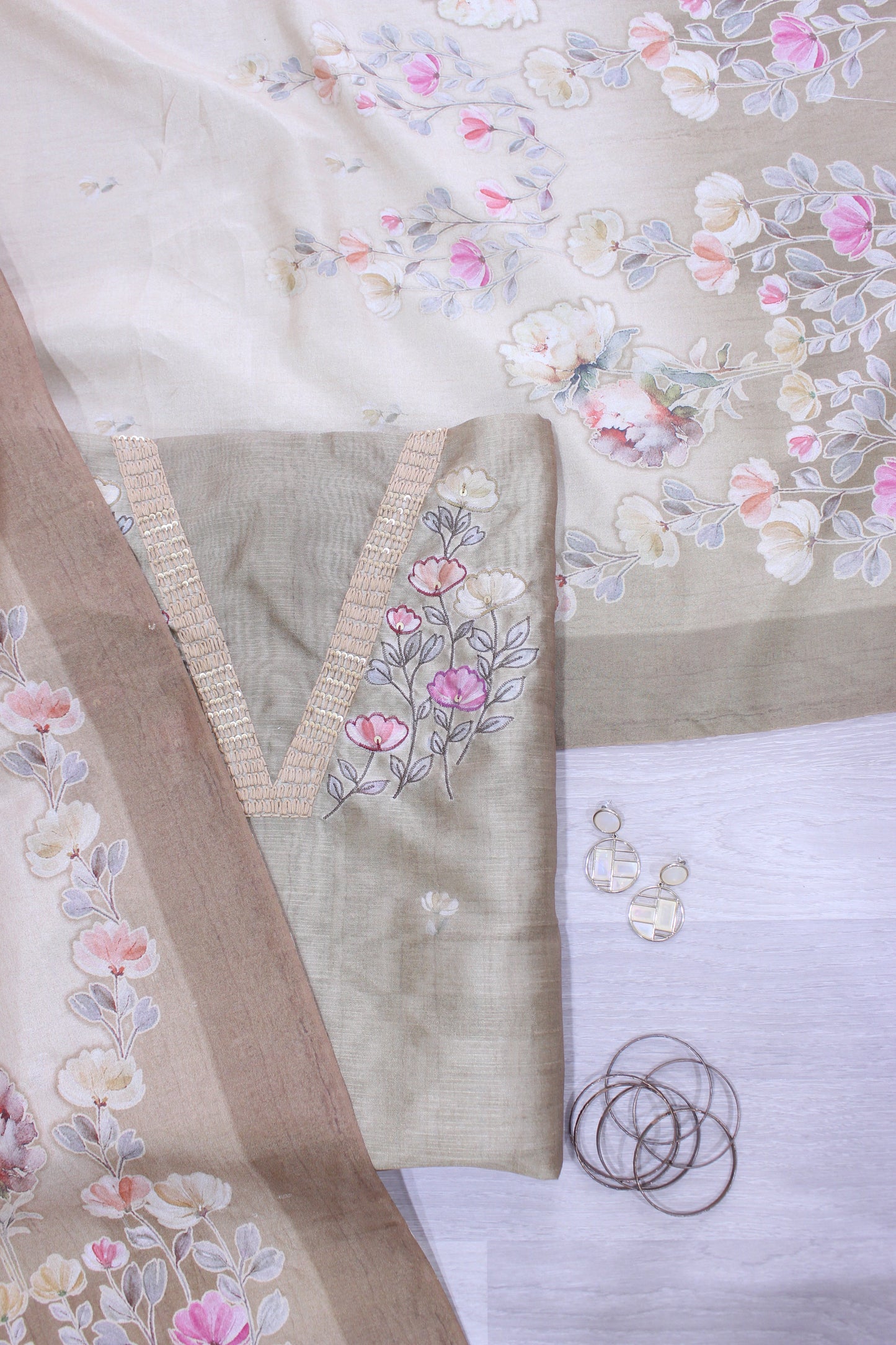 Classic Natural Tussar Handwork Blossom Embroidery Unstitched Fabric