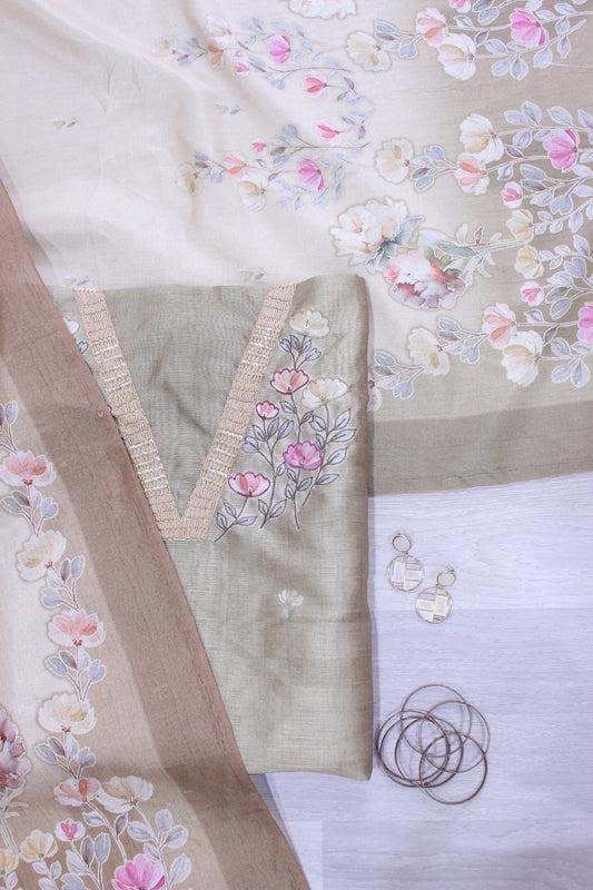 Classic Natural Tussar Handwork Blossom Embroidery Unstitched Fabric