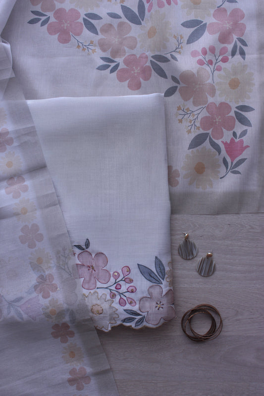 White Blossom Hand Embroidery Unstitched Silver Browie Fabric