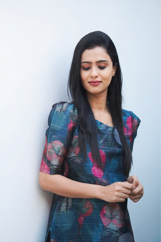 Blue Bloom Bounge Silk Slub Kurta