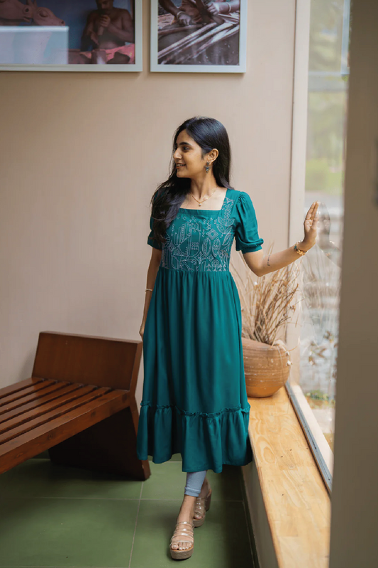 Deep Teal Falcon Trail Viscose Embroidery Dress