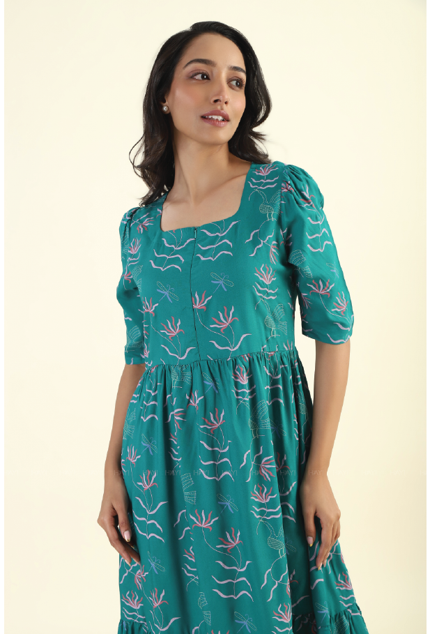 Green Harmony Teal Printed Maternity and feeding dress