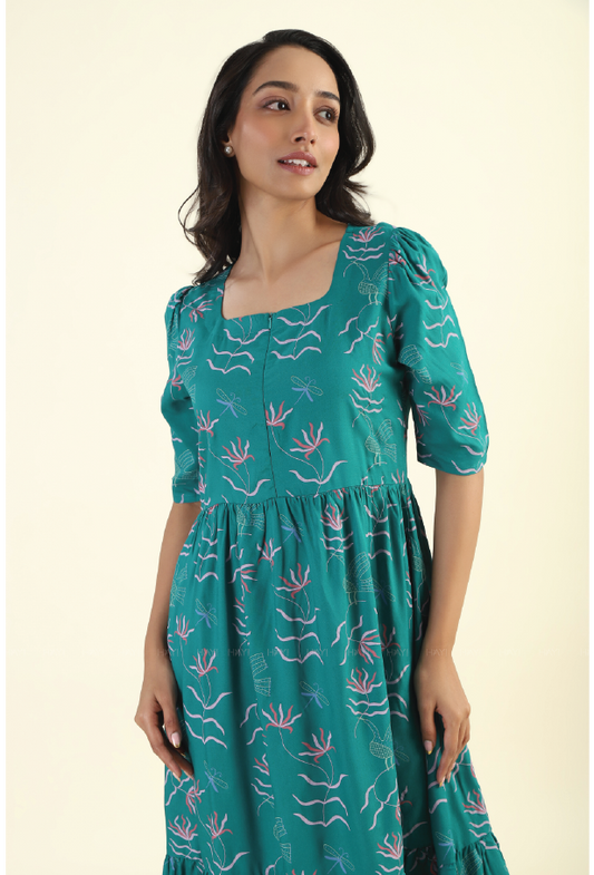 Green Harmony Teal Printed Maternity and feeding dress