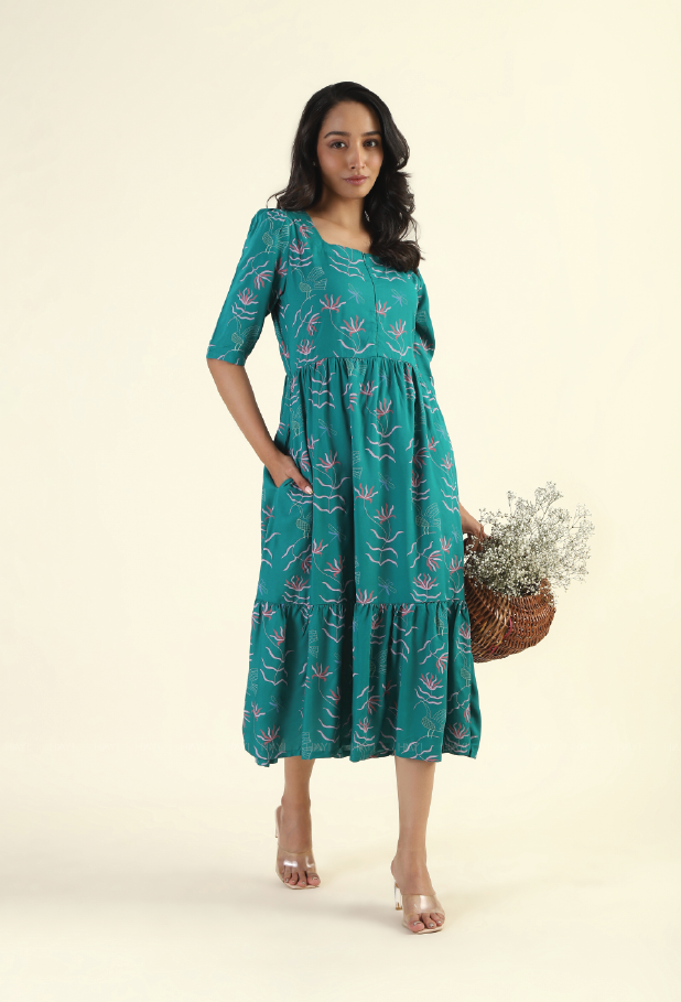 Green Harmony Teal Printed Maternity and feeding dress