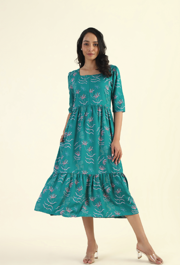 Green Harmony Teal Printed Maternity and feeding dress