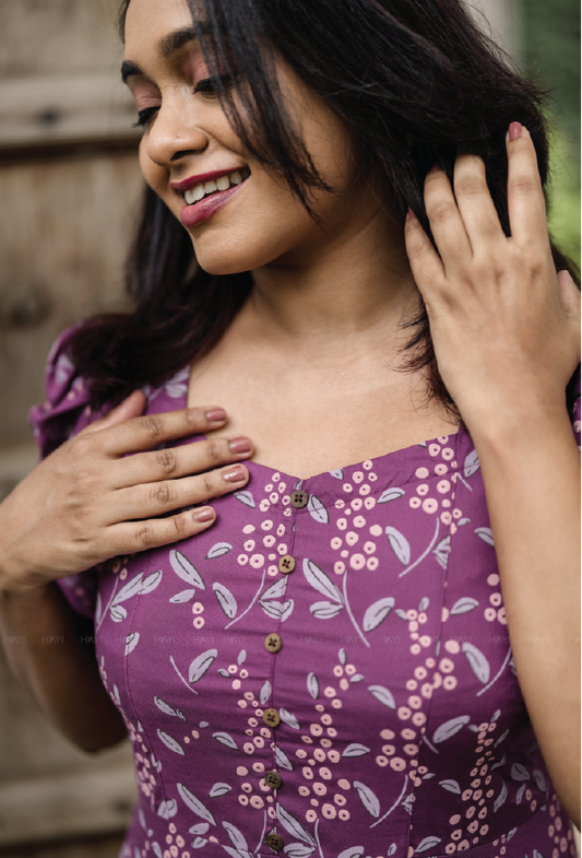 Deep Purple Cherry Plums Viscose Printed Dress