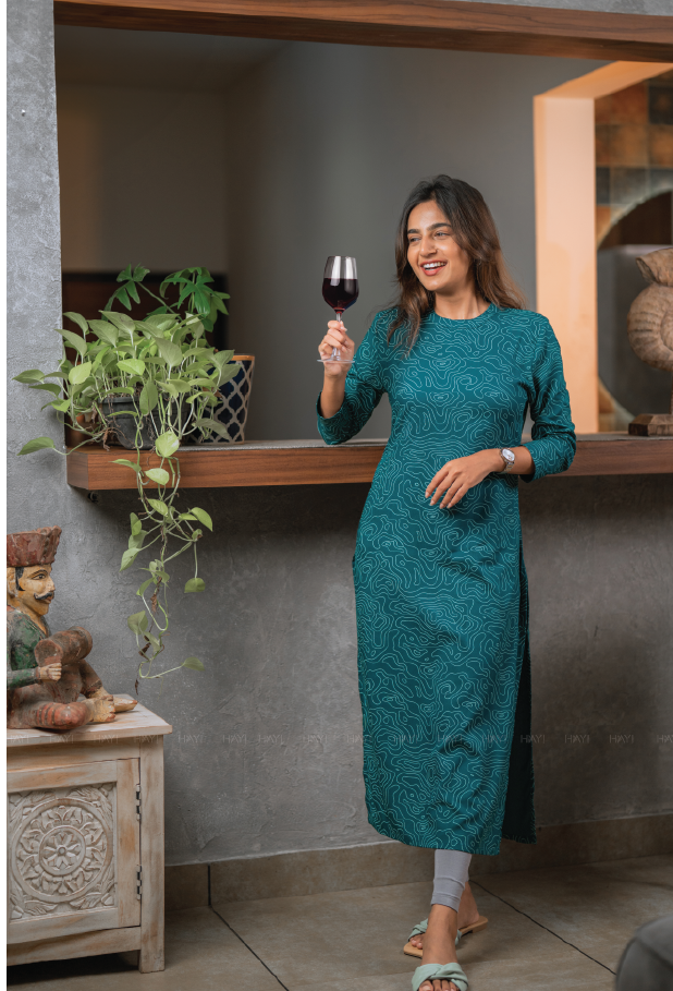 Teal Knot in Space Viscose Printed Kurta