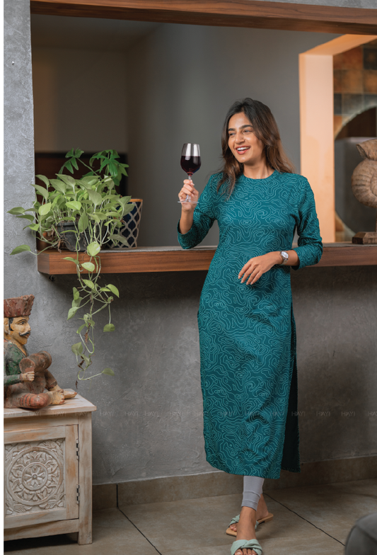 Teal Knot in Space Viscose Printed Kurta