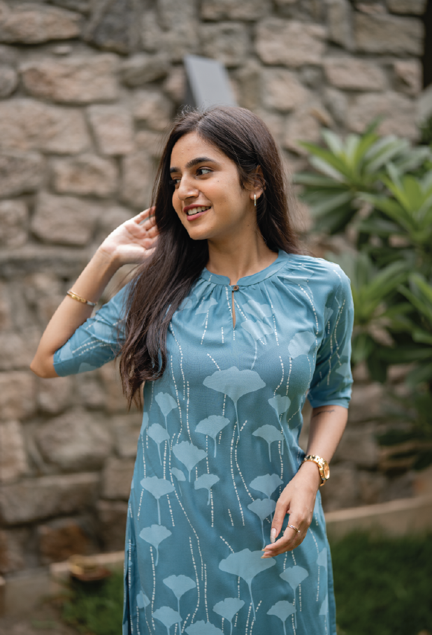 Coral Blue Island Viscose Printed Kurta