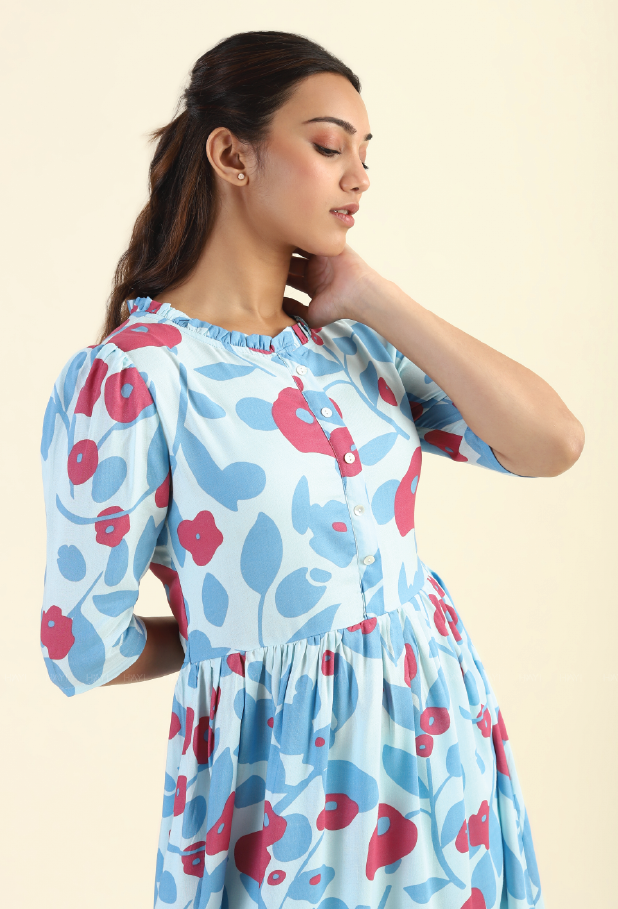 Fragmented Flowers Blue Printed feeding and maternity wear