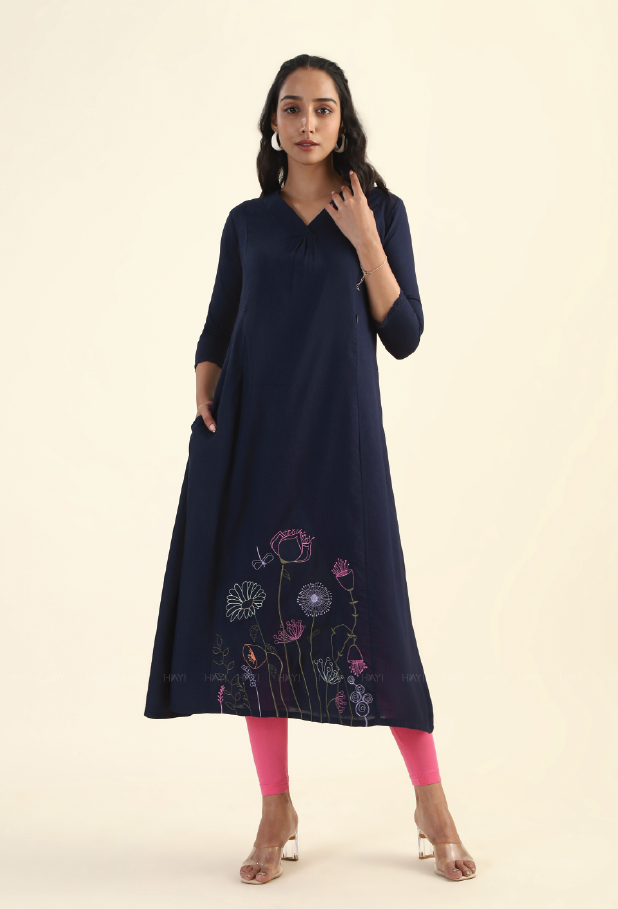 Navy Blue Enchanted Blooms with Embroidery Dress