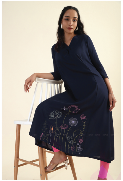 Navy Blue Enchanted Blooms with Embroidery Dress