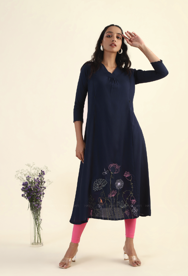 Navy Blue Enchanted Blooms with Embroidery Dress